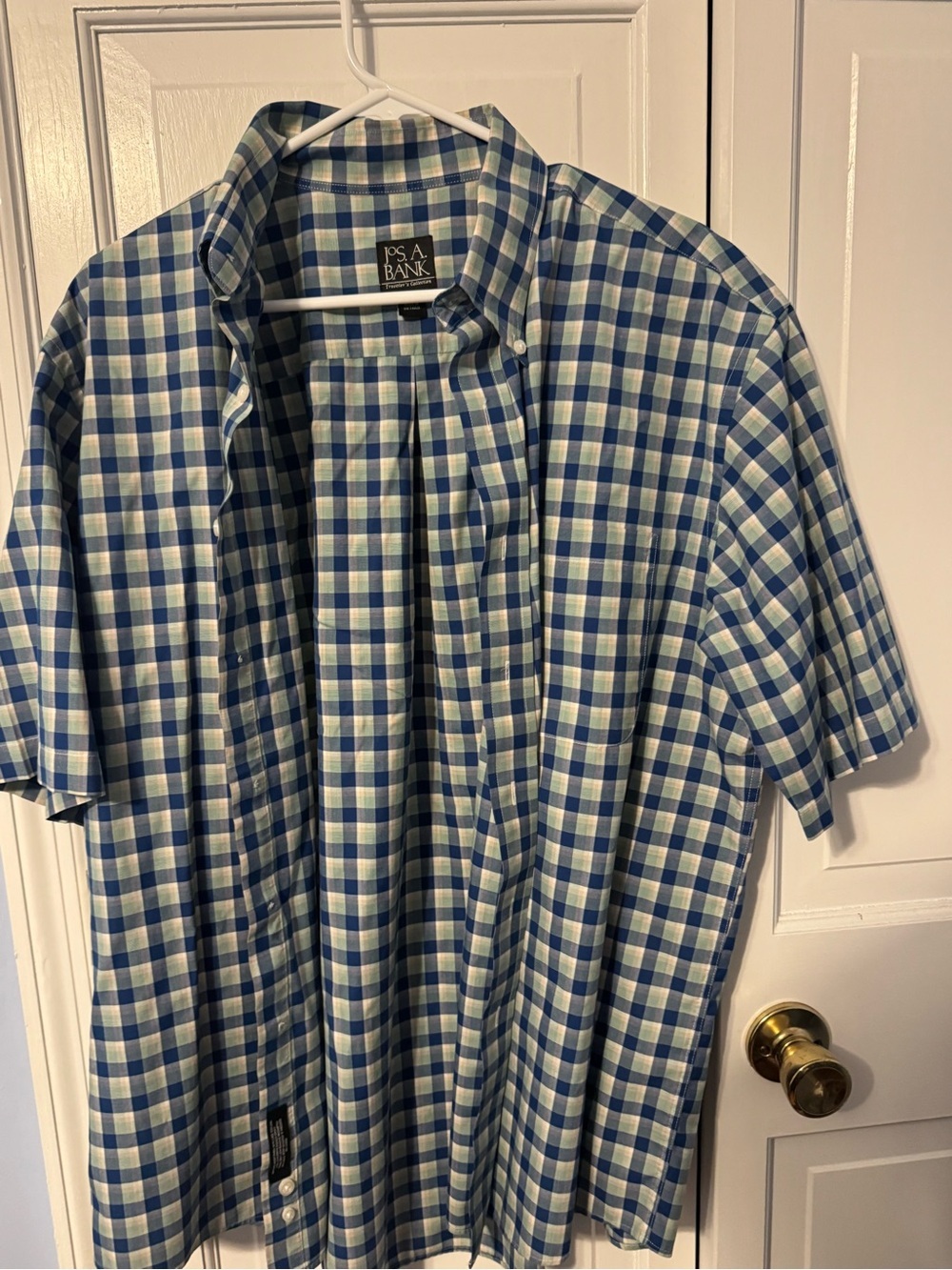 Jos. A. Bank Traveler’s Collection Button-Up Blue & Green Check, Short Sleeve